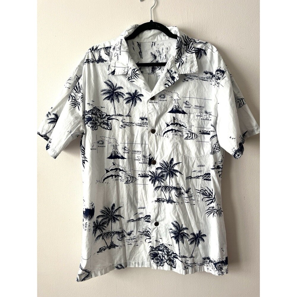 Vtg Palmwave Hawaiian Island Map Shirt Cotton Aloha Dolphins Mens XL